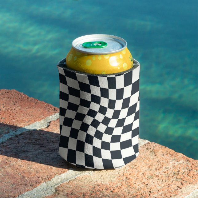 Retro Black And White Pastel Warped Chequerboard  Can Cooler (In Situ Pool)