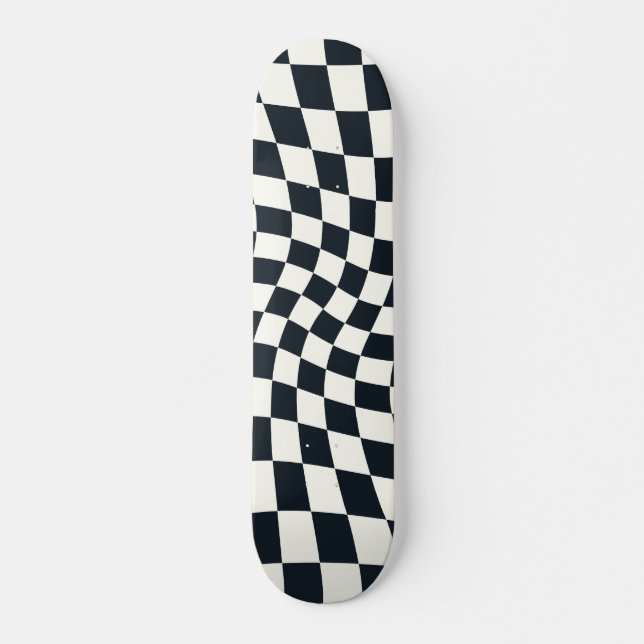 Retro Black And White Pastel Warped Chequerboard Skateboard (Front)
