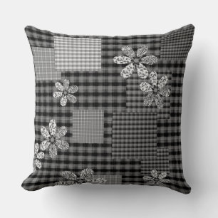 Retro black and white patchwork rustic pattern cushion