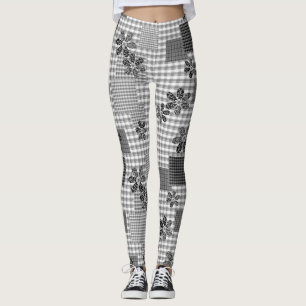 Retro black and white patchwork rustic pattern leggings