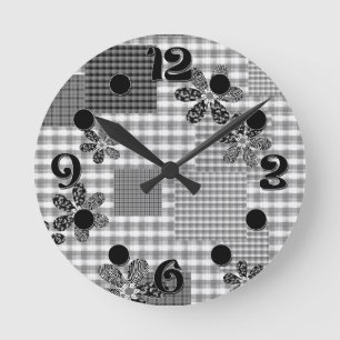 Retro black and white patchwork rustic pattern round clock