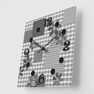 Retro black and white patchwork rustic pattern square wall clock
