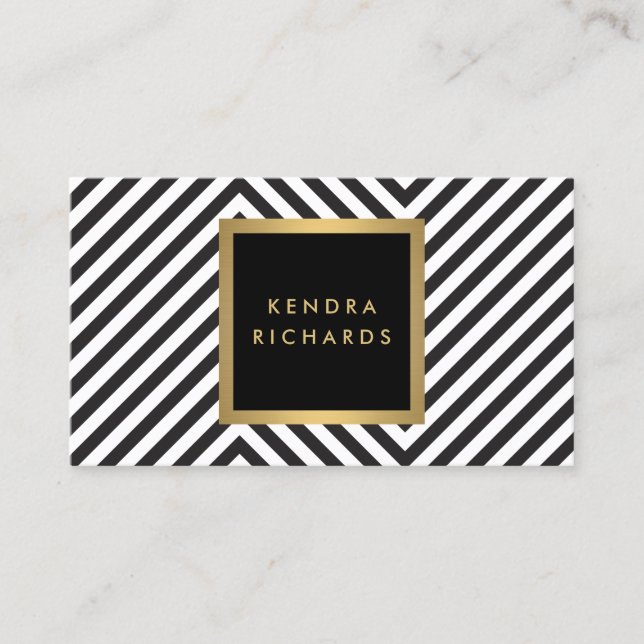 Retro Black and White Pattern Glam Gold Name Logo Business Card (Front)
