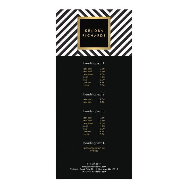 Retro Black and White Pattern Glam Gold Name Logo Rack Card (Front)