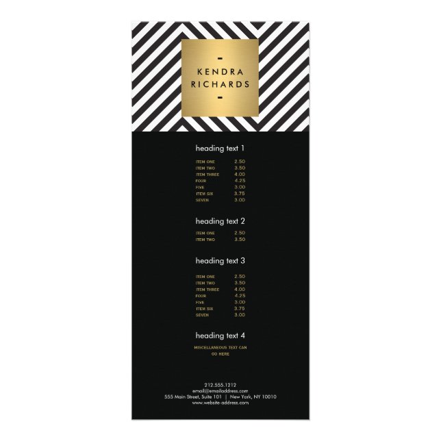 Retro Black and White Pattern Gold Name Logo Rack Card (Front)