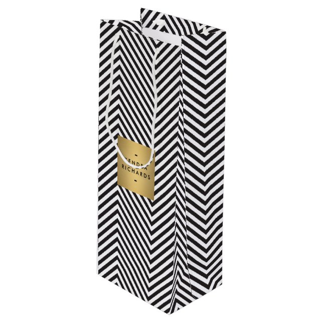 Retro Black and White Pattern Gold Name Logo Wine  Gift Bag (Front Angled)