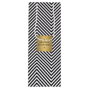 Retro Black and White Pattern Gold Name Logo Wine  Wine Gift Bag