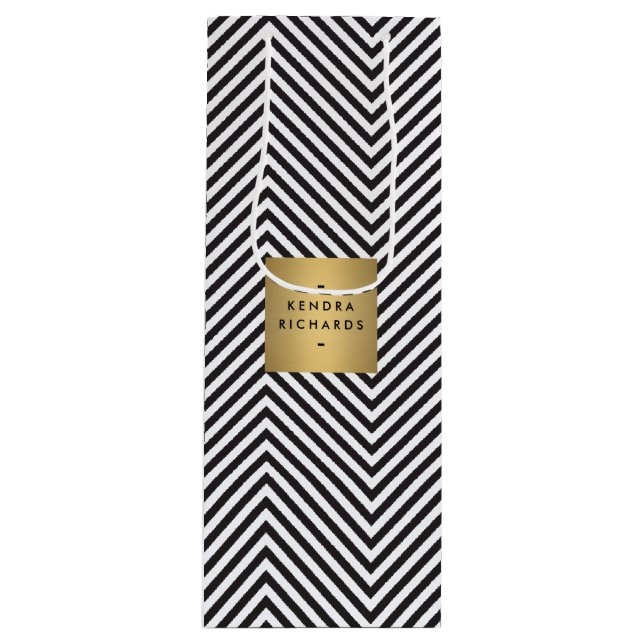 Retro Black and White Pattern Gold Name Logo Wine  Wine Gift Bag (Front)