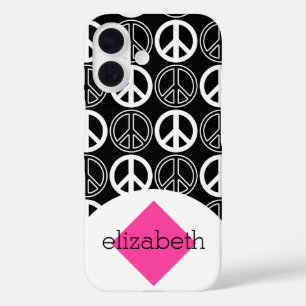 Retro Black and White Peace Sign Name iPhone 16 Case