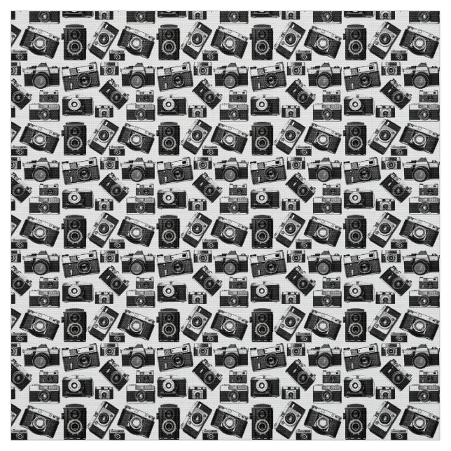 RETRO BLACK AND WHITE PHOTOGRAPHY CAMERAS MOTIF FABRIC (Swatch)