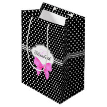Retro black and white polka dot pink bow name