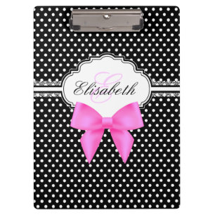 Retro black and white polka dots pink bow monogram clipboard