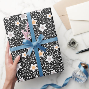 Retro black and white polka dots with stars  wrapping paper