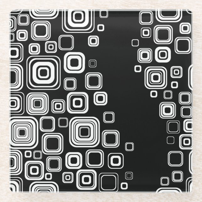 Retro black and white squares glass coaster (Front)