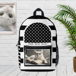 Retro Black and White Striped Funny Cat Photo Printed Backpack<br><div class="desc">Black and white backpack featuring a retro striped design with polka dots and your custom photo (optional; you can also leave the funny cat reading a book,  if you like). Beautiful for school or a book reading club.</div>