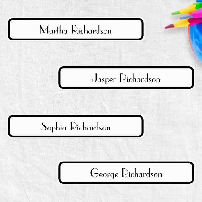 Retro Black and White Stylish Custom Name Clothes (Stylish name labels for school uniforms and belongings, in black and white with an Art Deco look)