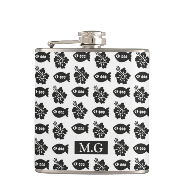 Retro Black and White Tiki Pattern Monogram Hip Flask (Front)