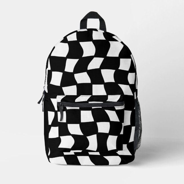 Retro Black and White Wavy Check Printed Backpack (Front)