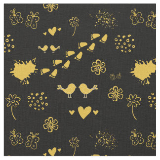 Retro black and yellow pattern of birds, dot fabric