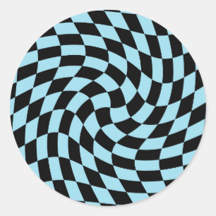 Retro Black Blue Warped Checks Chequered   Classic Round Sticker