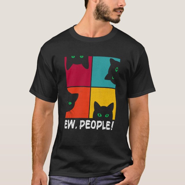 Retro Black Ca Ew People Meowy Cat T-Shirt (Front)