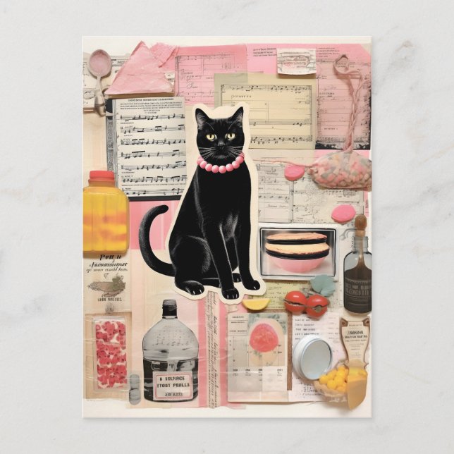 Retro Black Cat Bead necklace Collage Postcard (Front)