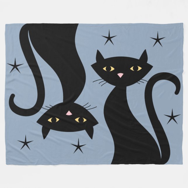 Retro Black Cat, blue Fleece Blanket (Front (Horizontal))
