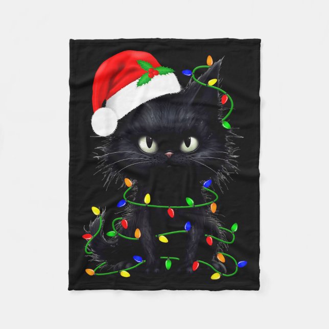 Retro Black Cat Christmas Light Funny Cat Men Wome Fleece Blanket (Front)