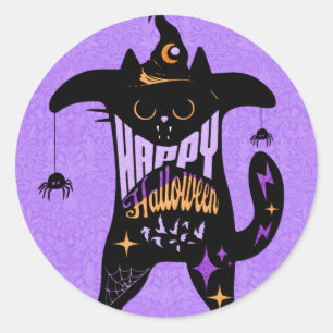 Retro Black Cat Funny Halloween    Classic Round Sticker