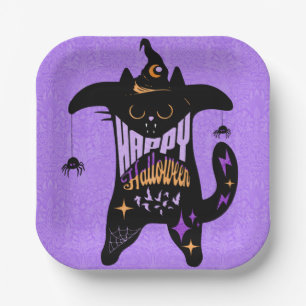 Retro Black Cat Funny Halloween Paper Plate