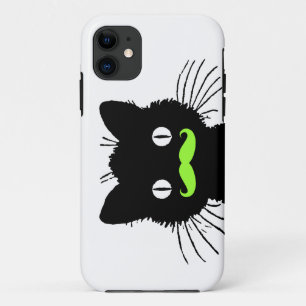 RETRO BLACK CAT FUNNY LIME GREEN MUSTACHE iPhone 11 CASE