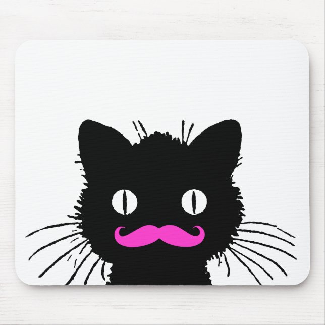 RETRO BLACK CAT FUNNY PINK MUSTACHE MOUSE MAT (Front)