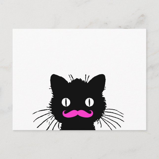 RETRO BLACK CAT FUNNY PINK MUSTACHE POSTCARD (Front)
