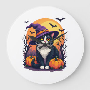 Retro Black Cat Halloween Pumpkin Costume For Men Large Clock