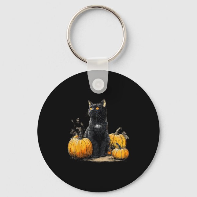 Retro Black Cat Halloween Pumpkin Costume For Wome Key Ring (Front)