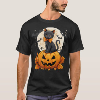 Retro Black Cat Halloween Pumpkin Costume Women Ki T-Shirt