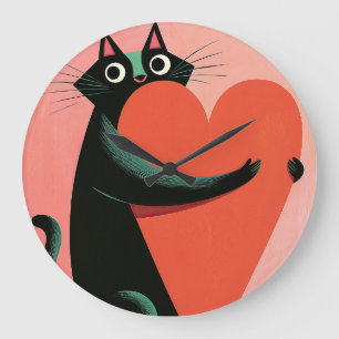 Retro Black Cat Heart Pastel Midcentury Large Clock