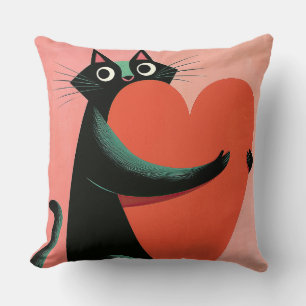 Retro Black Cat Heart Pastel Pink Decor Cushion