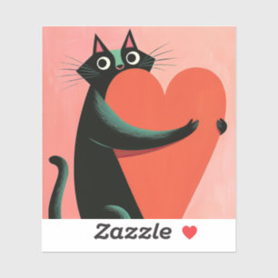 Retro Black Cat Hugging Heart Cute