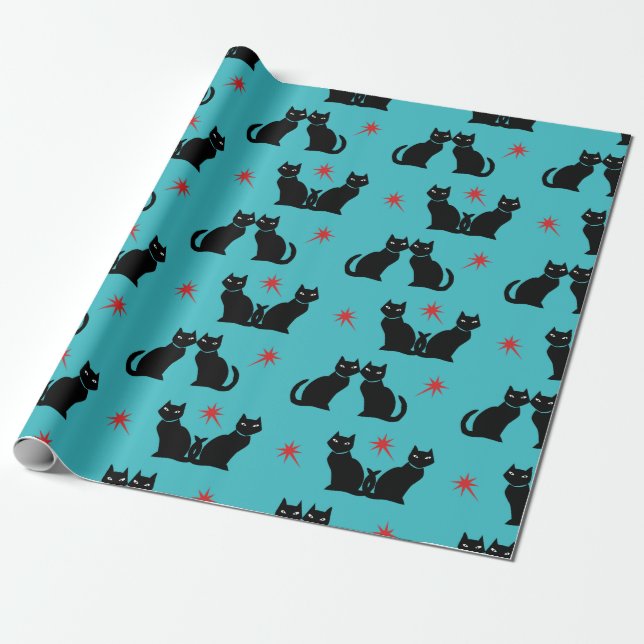 Retro Black Cat Kitty red stars wrapping paper (Unrolled)
