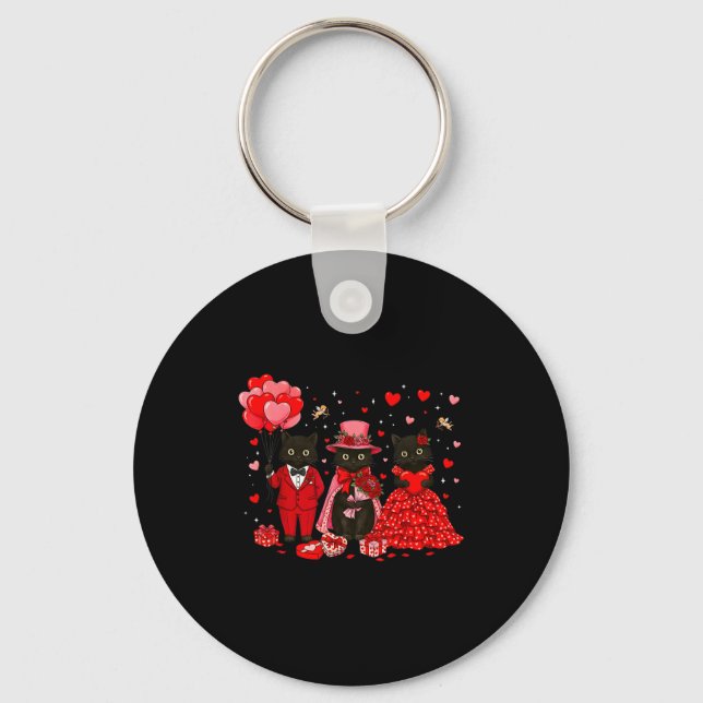 Retro Black Cat Meowentine's Day Heart Valentines  Key Ring (Front)