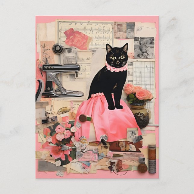 Retro Black Cat necklace Collage Postcard (Front)