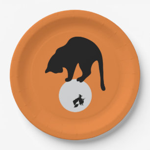 Retro Black Cat on the Moon Halloween Paper Plate