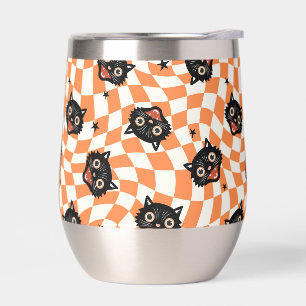 Retro Black Cat Orange Check Pattern