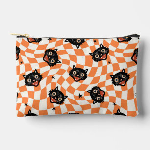 Retro Black Cat Orange Check Pattern Accessory Pouch