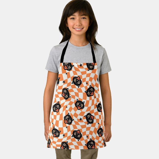 Retro Black Cat Orange Check Pattern Apron (Insitu)