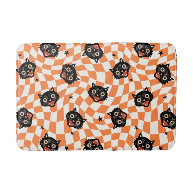 Retro Black Cat Orange Check Pattern Bath Mat (Front)