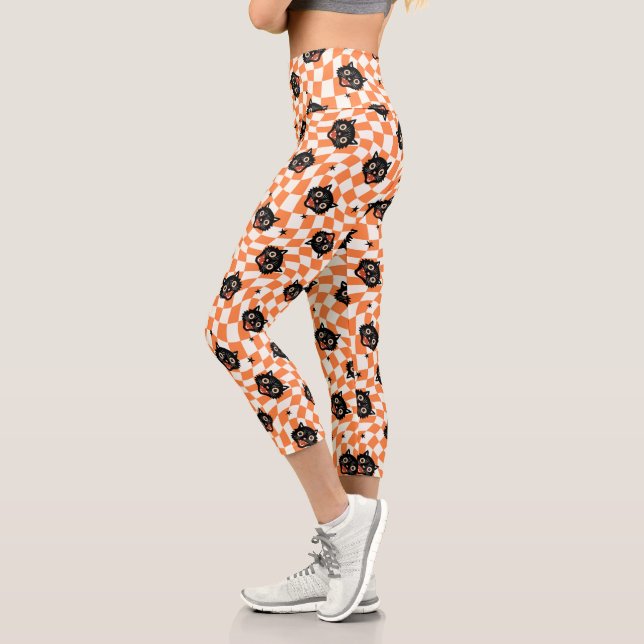 Retro Black Cat Orange Check Pattern Capri Leggings (Left)