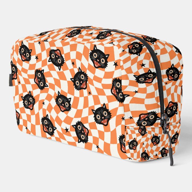 Retro Black Cat Orange Check Pattern Dopp Kit (Right Corner)