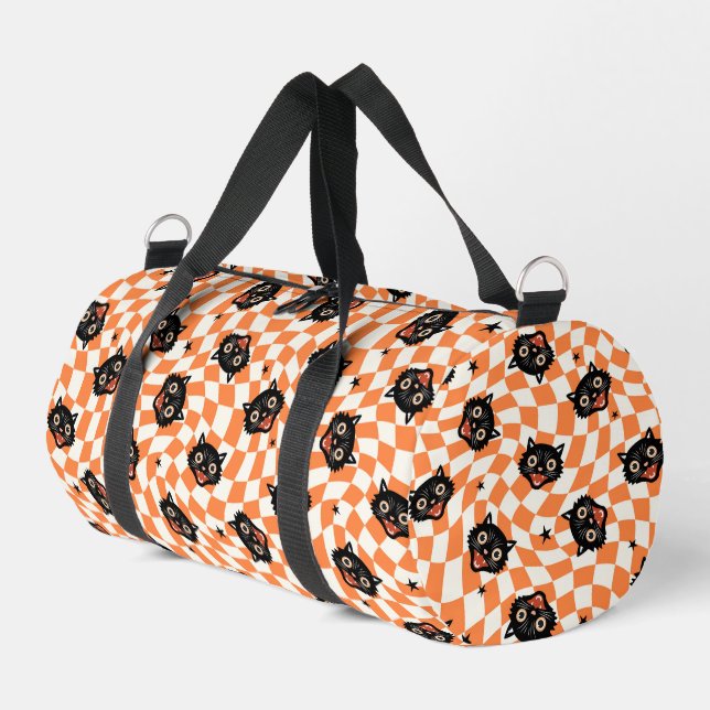 Retro Black Cat Orange Check Pattern Duffle Bag (Left Corner)